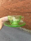 Green Depression Uranium Glass Federal Optic Panel Print Cup & Saucer Vintage