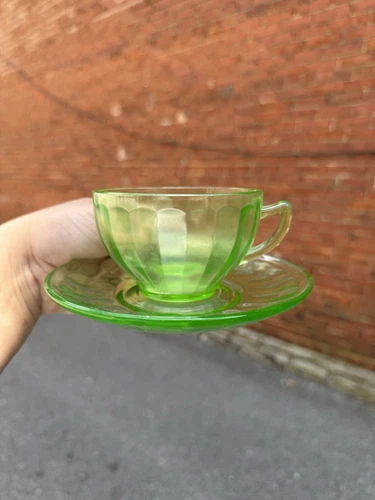 Green Depression Uranium Glass Federal Optic Panel Print Cup & Saucer Vintage