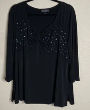 Vintage I.N. Studio Womens Y2K 2X Black Sequin Babydoll Slinky Top Blouse USA