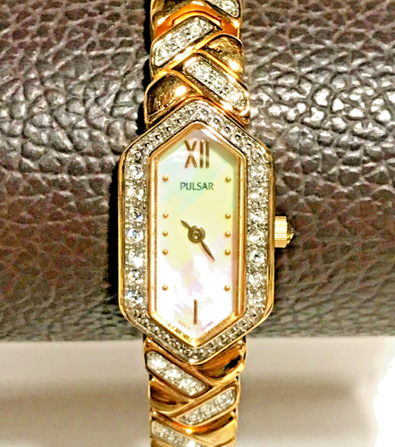 Vintage Pulsar Quartz Crystal Bezel MOP Gold Plated Ladies Dress Watch Works