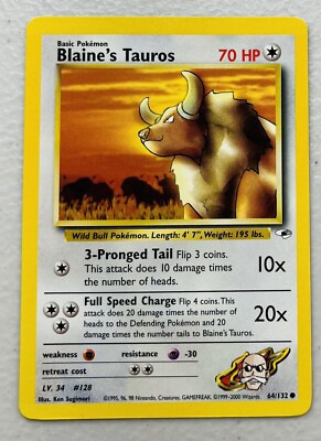 blaine's tauros pokemon card value Blaine’s Tauros 64/132 Gym Heroes Pokemon Card