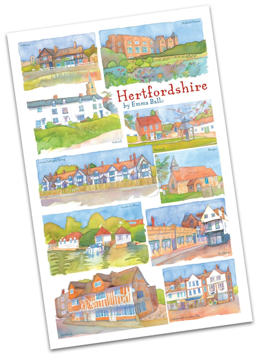 Emma Ball ""Hertfordshire"", Pure cotton tea towel.