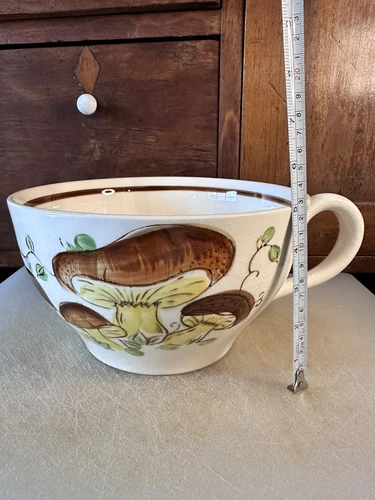 Mushroom Vtg 70s Oversized Hand painted Bowl Cup Handle Boho Soup Plant Mixing