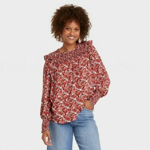 Women's Plus Size Ruffle Long Sleeve Smocked Blouse - Knox Rose Red Jacquard 1x