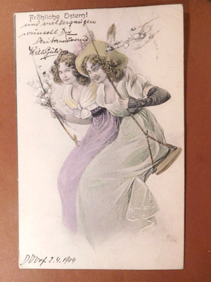ALTE OSTERPOSTKARTEN signiert ''Zwei junge Damen'' zu Ostern Original 1904