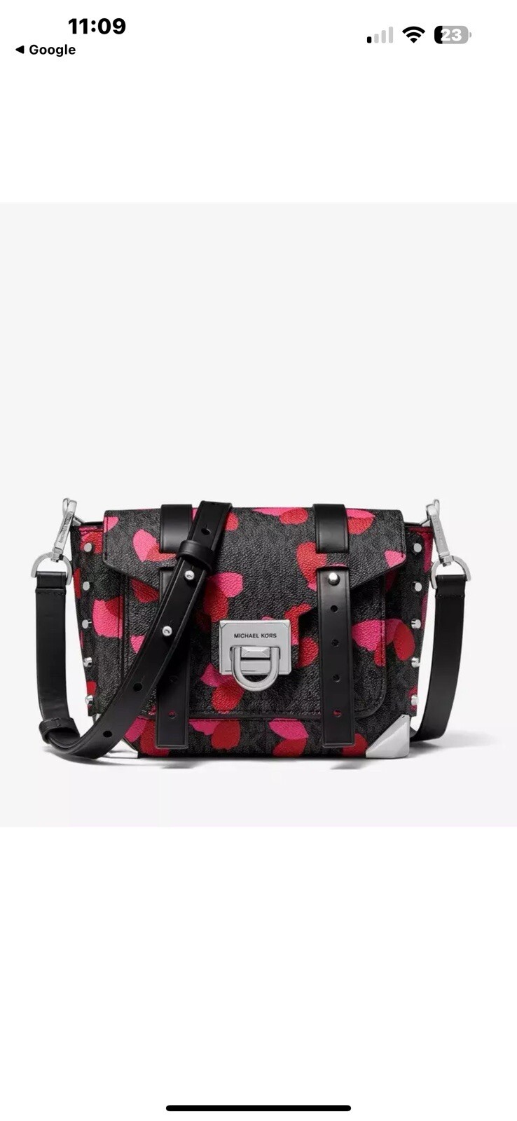Michael Kors Manhattan Medium Satchel Black Leather Red Petal Log  