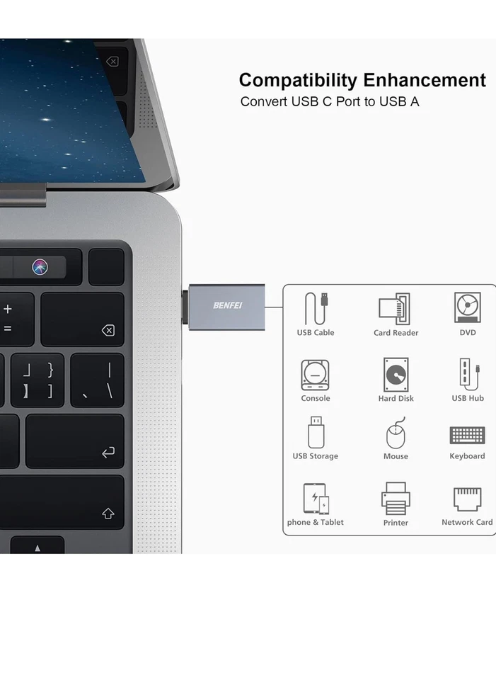 Адаптер BENFEI USB C на USB 3.0, совместимый с адаптером USB C на A штекерный-гнездовой упаковка 3 шт. - Изображение 3 из 4