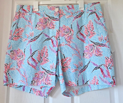 CROWN & IVY Women's Teal Abstract Tropical Floral Cotton Shorts Size 16W NWT