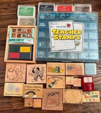 50  Stamps Teacher INK Stamps.  Gently Used/ NEW with 4 NEW ink Pads