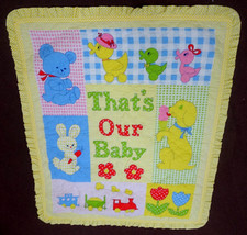 Vintage 80s  That's Our Baby  Crib Quilt Blanket Teddy Bear Duck Blocks 38 X 46
