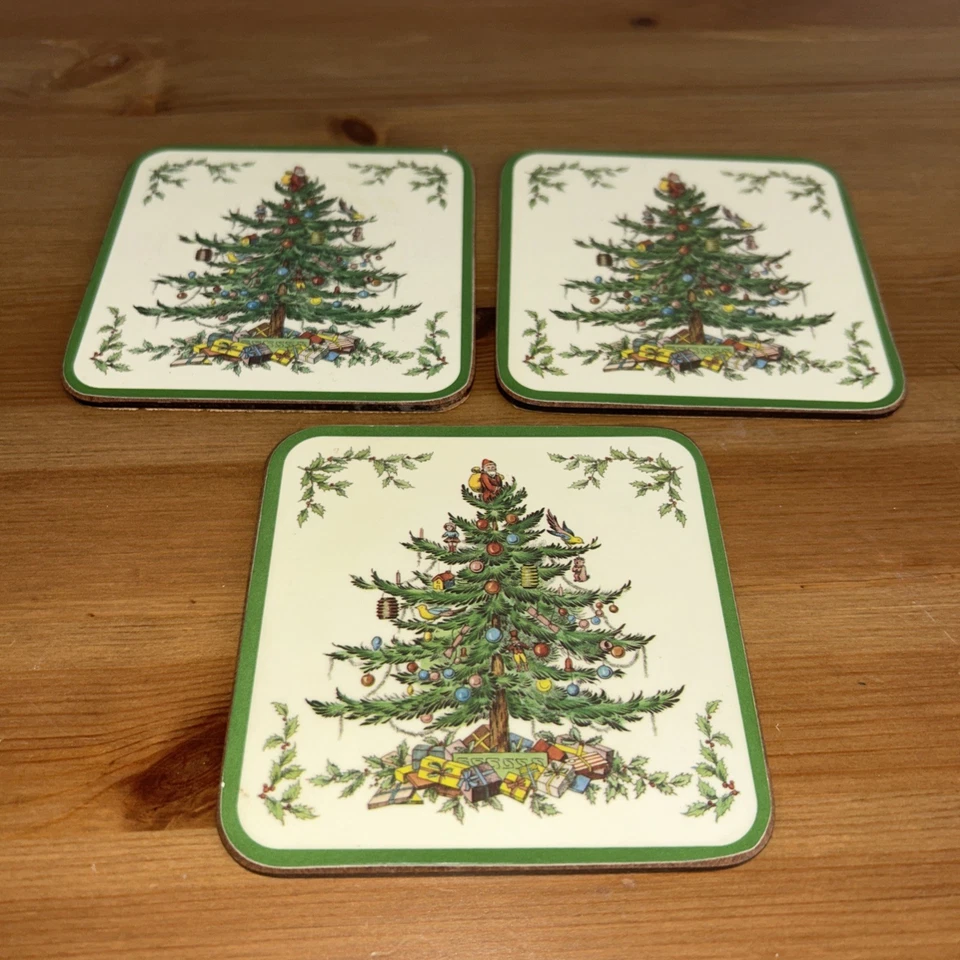 VTG Spode Christmas Tree Coasters Pimpernel Set of 3 Cork Backed 4X4 - Image 2 of 4