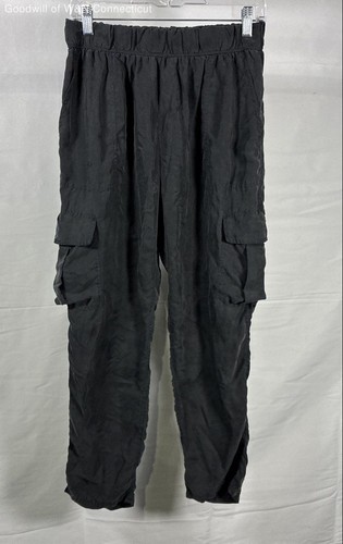 Unsubscribed Women's Dark Grey 100% Silk Cargo Pants Joggers Elastic Waist Sz XS