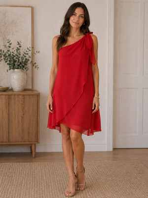 Katie Red Dress - loose fitting, silky from inside with one off shoulder, US L