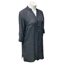 Citron Longline Flower Butterfly Silk V Neck Boho Top Womens XL Black 3 Button