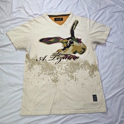Tiziano Premium Menswear Rabbit Graphic V-Neck T-Shirt Cream Beige Men's Size M