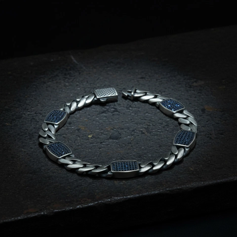 Pulseira masculina de prata esterlina 925 corrente de elos cubana 10 mm pedra preciosa de safira - Imagem 3 de 4