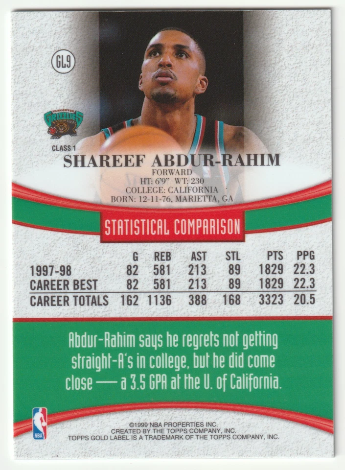 Shareef Abdur-Rahim GL9 1998-99 Topps Gold Label con Kobe Bryant defendiéndose en tarjeta Foto 2 de 2