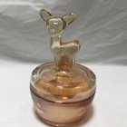 Vintage Jeanette Marigold Carnival Glass Deer Fawn Vanity Powder Jar Dish