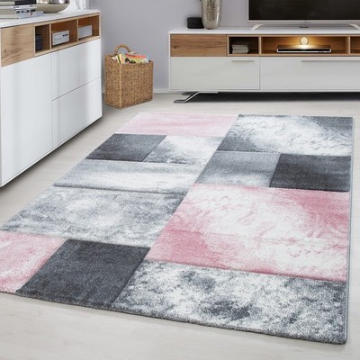 Check Rugs Silver Grey Pink Contour Cut Carpet Modern Geometric Living Room Mats Ebay