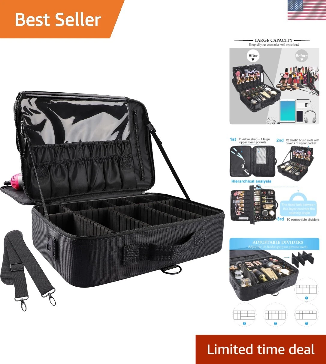 Large Capacity Cosmetic Organizer Bag with 3 Layers & Waterproof Design, L Size