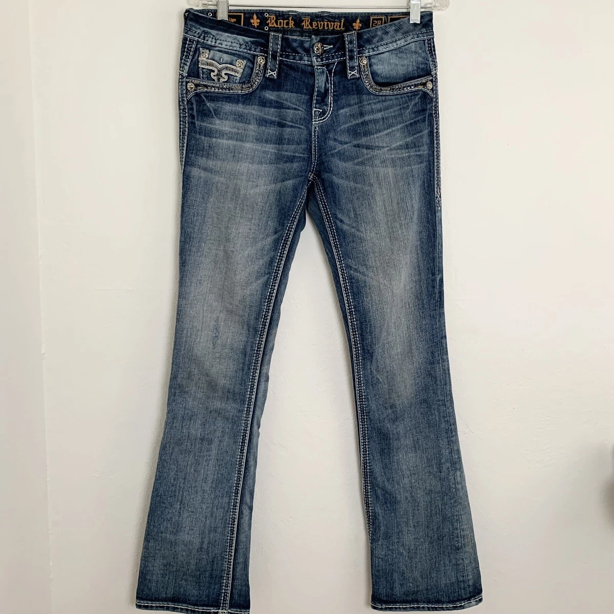 Rock Revival Kaitlyn Denim Jeans Size 28 Mid Rise Bootcut Thick Stitch Bling
