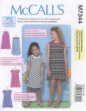 McCall's M7344 LEARN TO SEW Pullover T-Shirt Dresses w Neckband Sz 3-6 UNCUT