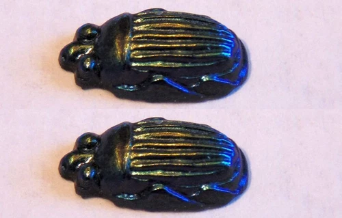 RARE PAIR of ca: 1910 GOLD IRIDESCENT TIFFANY COBALT FAVRILE ART GLASS SCARABS