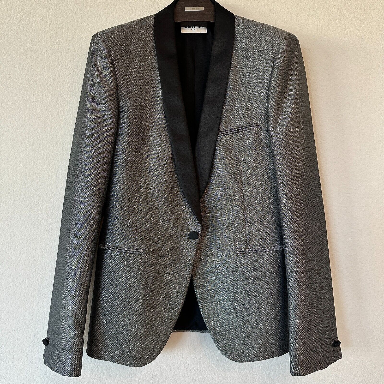 Cappotto sportivo da sera Saint Laurent YSL uomo argento scintillante metallizzato 46R EU 36R US