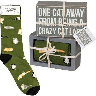 One Cat Away From Being A Crazy Cat Lady Socks & Box Sign  - Primitives by Kathy