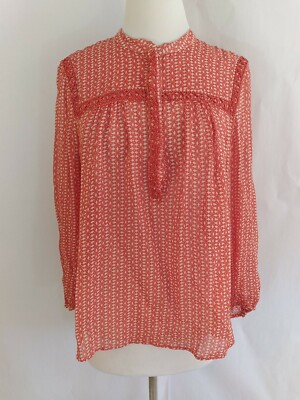Lucky Brand M blouse orange white beaded button up top 3/4 sleeve used 
