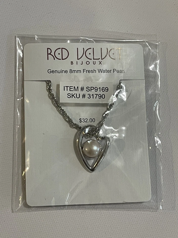 COLLAR Nuevo Genuino 8mm Agua Dulce Perla Rojo Terciopelo Bijoux Corazón Plateado Foto 3 de 4