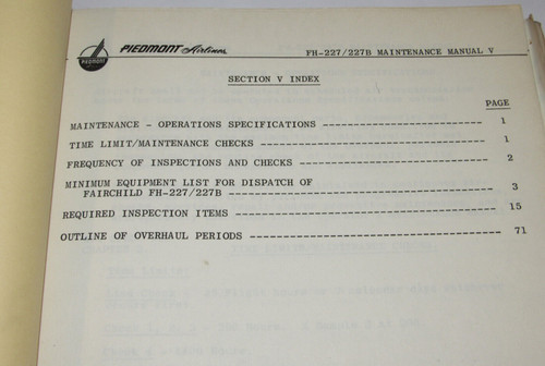 VTG 1960s PIEDMONT AIRLINES MAINTENANCE MANUAL FOR FAIRCHILD HILLER FH-227/227B
