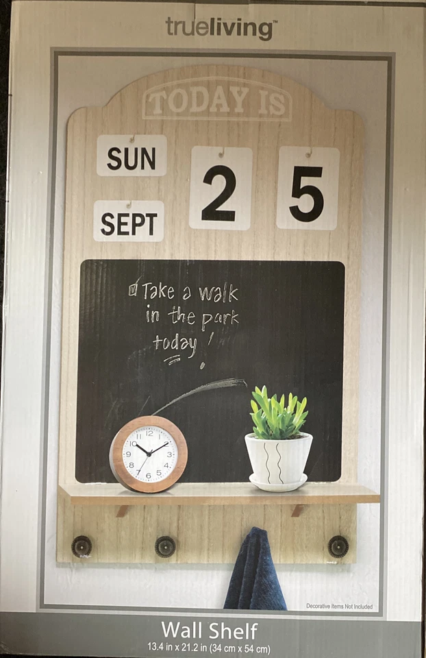 Wooden Chalkboard Calendar Shelf Wall Mount Decor Display 4 Hooks 13.4”x21.2”in - Image 2 of 3