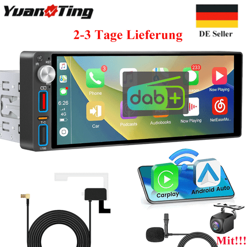 Autoradio 1Din mit 6.9 Zoll Bildschirm Apple CarPlay Bluetooth DAB+ Cam FM Radio - Bild 1 von 11