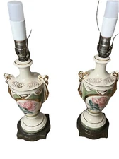 Hand Painted Green Table Lamp Red Roses Gold Accents 1940's X2