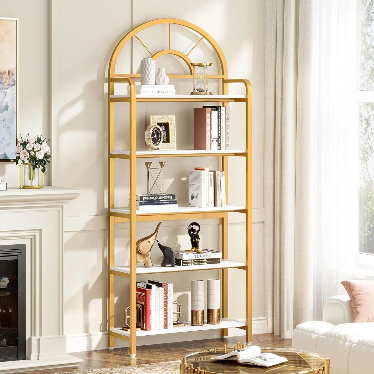 Tribesigns 5 Tier Bookshelf White and Gold Arched Bookshelf Tall Display Shelf