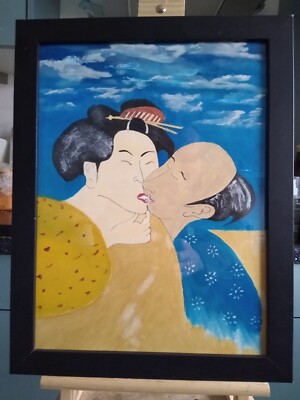 ölgemälde gerahmt original japanisches Thema, Shunga im Design. Hochwertige Ölfarbe