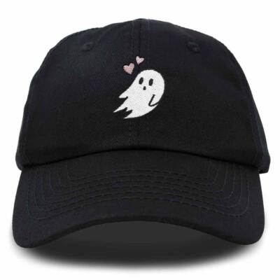 DALIX Embroidered Heartly Ghost Baseball Cap - Black Adjustable Dad Hat, One Size Fits Most