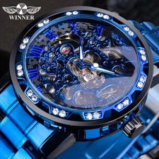 WINNER Luxury Diamond Mens Watch Stainless Steel Skeleton Mechanical Wrist Watch