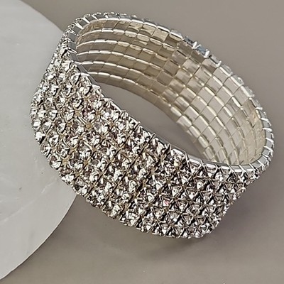 Expandable Rhinestone Bracelet Wide 2cm Clear Silver Tone Stretch 5.75''