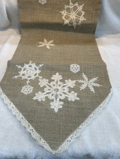 Burlap Table Runner all Embroidered w/ Snowflakes 13"x70", and Embroidered edge