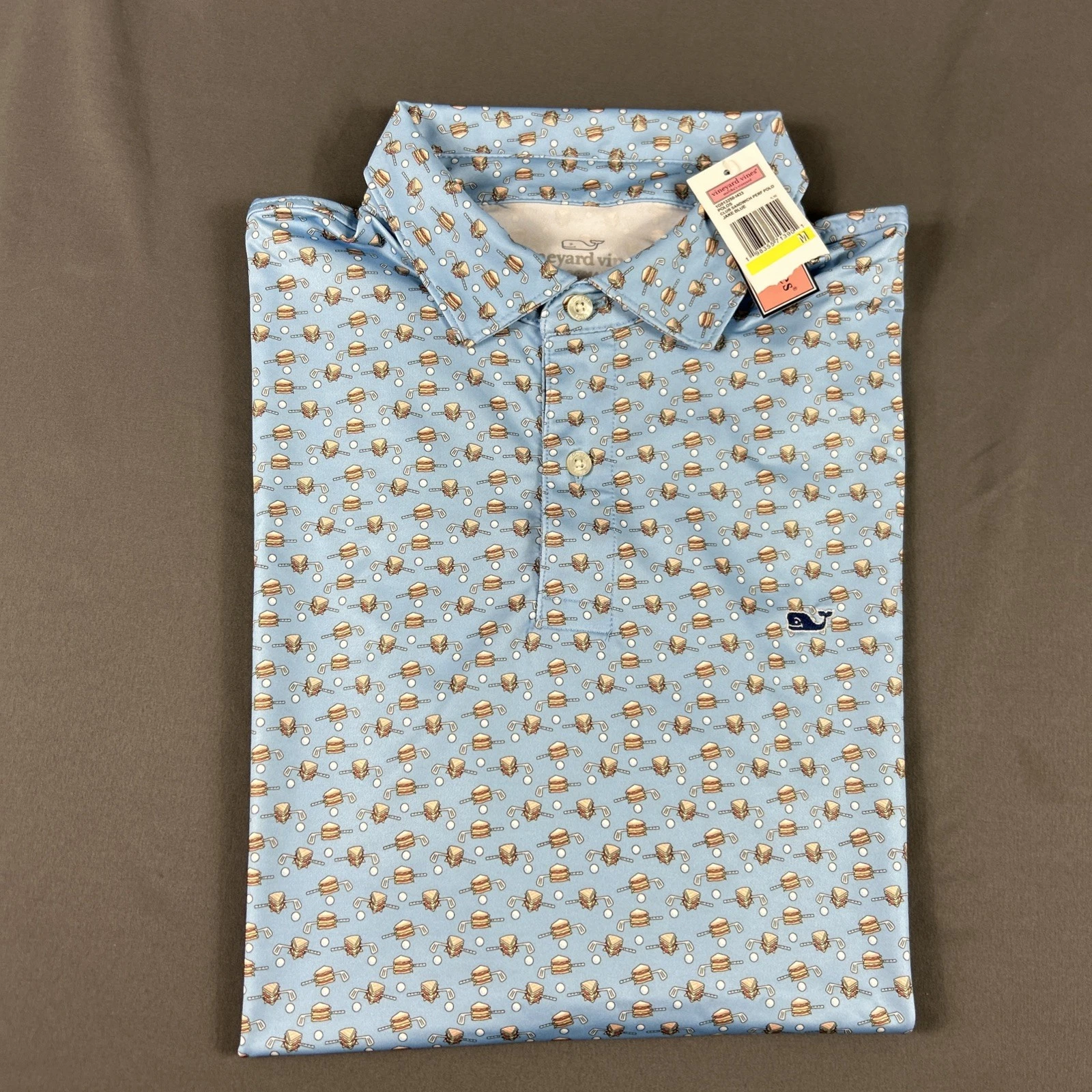 Vineyard Vines Golf Shirt Polo Club Sandwich Print Medium Blue Polyester Spandex