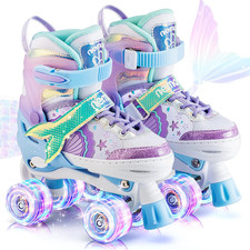 Mermaid 4 Size Adjustable Light up Roller Skates for Girls, Purple Blue