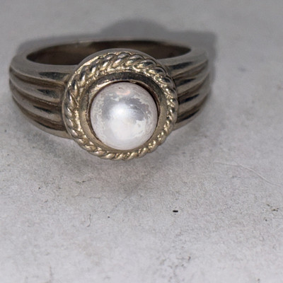 Perlenring, 925 Sterling Silber, Bandring mit weißen Perlen, Handarbeit, Größe 9