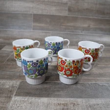 VTG MCM Royal Sealy Kaycoware Folk Stackable Coffee Tea Mugs Bird Floral 5 Cups