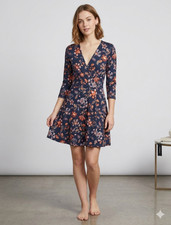 & harmony Navy Orange Multicolor Floral Fit & Flare Dress S V-Neck 3/4 Sleeve