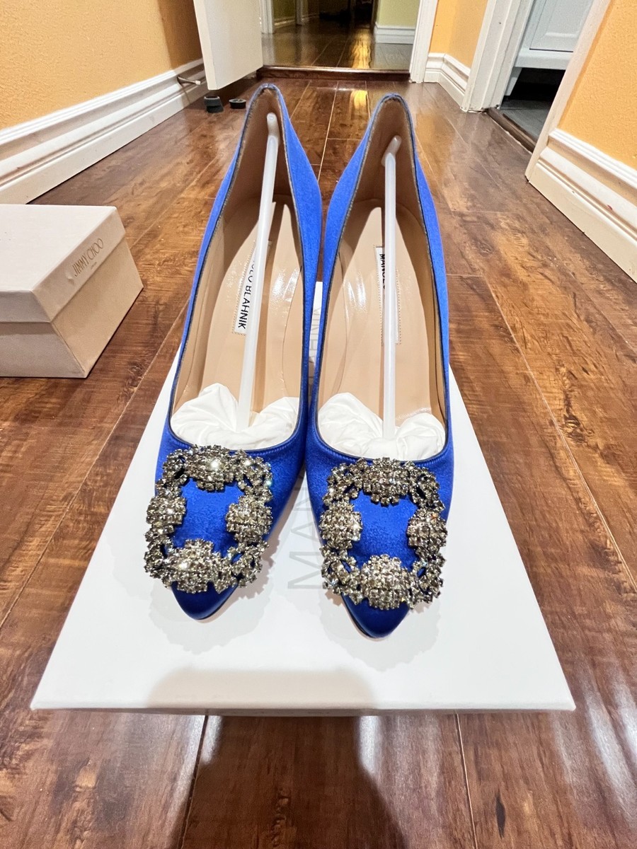 Manolo blahnik Blue Satin Jewel Buckle Pumps hangisi 70mm size 36