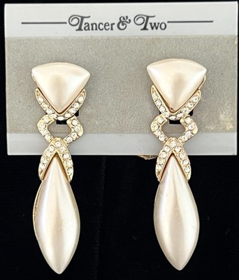 Vtg C1980 Tancer & Two Long Dangle Faux Mobe Pearl & Rhinestone Earrings,W/ Tags