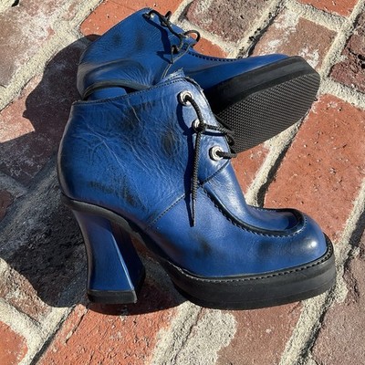 Vintage Luichiny Blue Leather Platform Boots Size US 9 Handmade In Spain