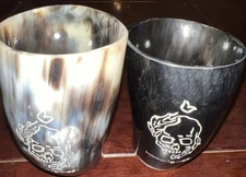 Set Of 2 Natural Medieval Viking Dining Ram Horn Drinking Cup Memento Mori Skull